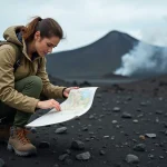 Randonneuse consultant une carte topographique du volcan Etna sur un terrain basaltique en Sicile