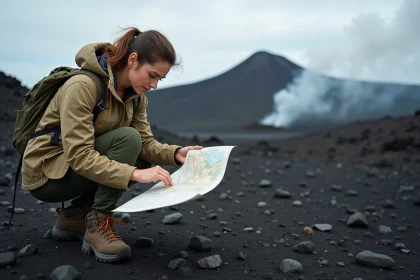 Randonneuse consultant une carte topographique du volcan Etna sur un terrain basaltique en Sicile