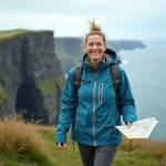Femme randonneuse avec carte sur falaise Manx