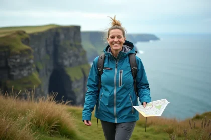 Femme randonneuse avec carte sur falaise Manx