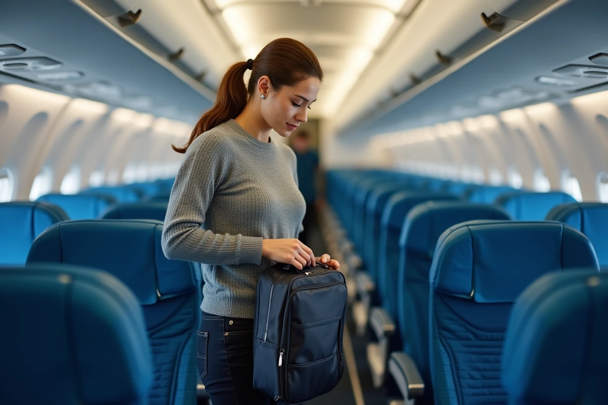 Femme rangeant un rasoir électrique dans son bagage à main dans le compartiment supérieur d'un avion