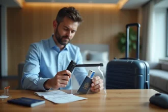 Homme rangeant un rasoir électrique dans une trousse transparente de voyage pour bagage cabine avion