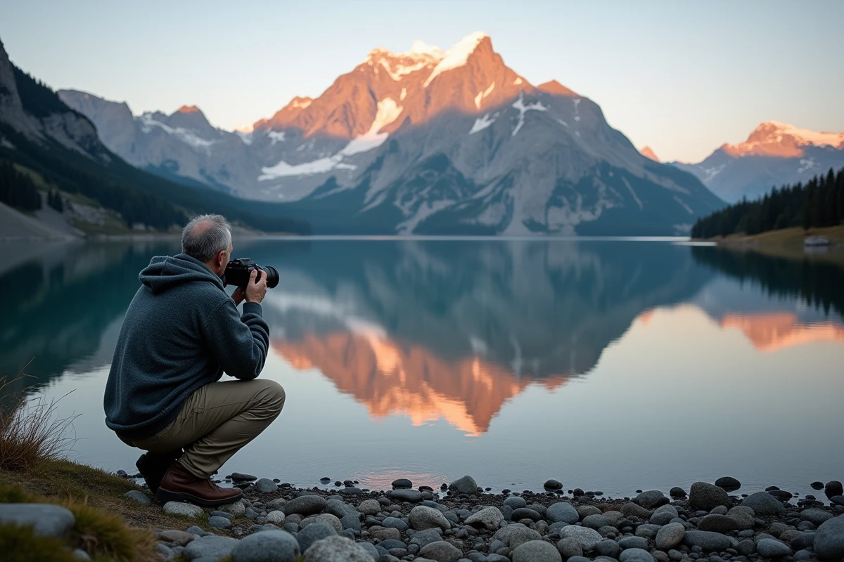 Photographe capturant le reflet de la Tour de Piz dans un lac alpin, technique de photo de paysage de montagne