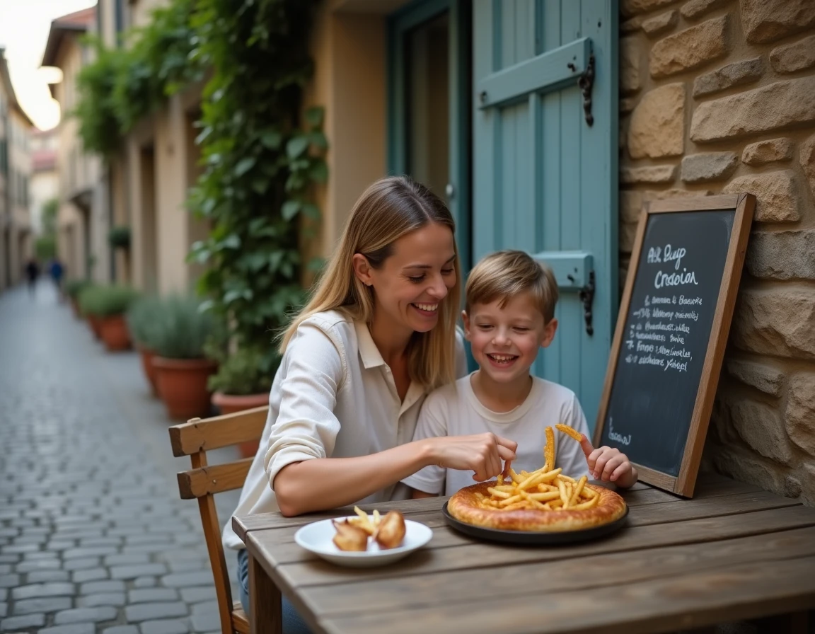 Mère et fils dégustant des galettes dans une crêperie typique de Saint-Valery-sur-Somme, repas économique en famille dans la vieille ville