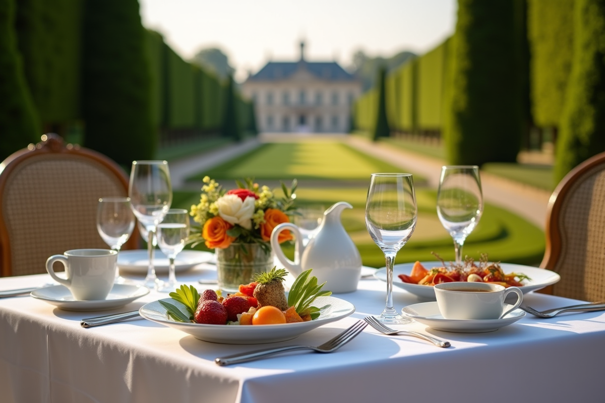 Repas en plein air dans les jardins de Versailles avec plats raffinés