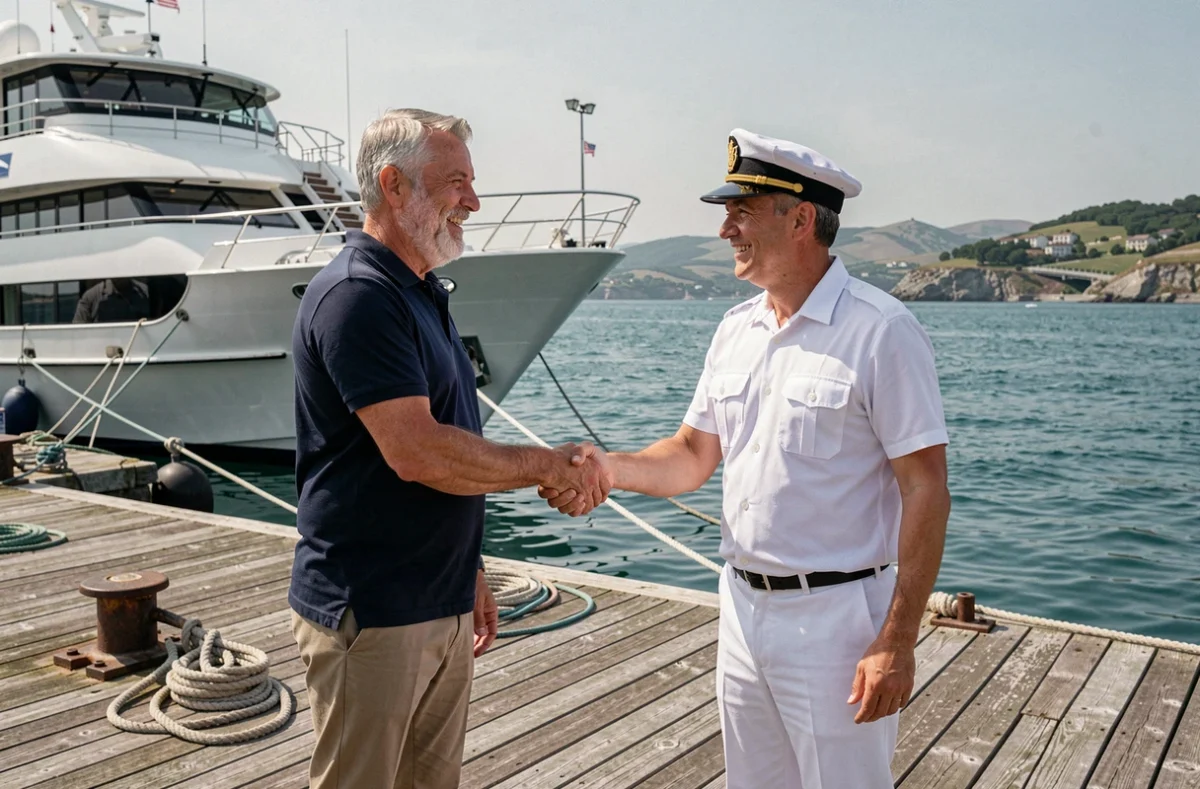 Responsable de SARL locale serrant la main d'un capitaine de croisière sur le quai du port d'Hendaye