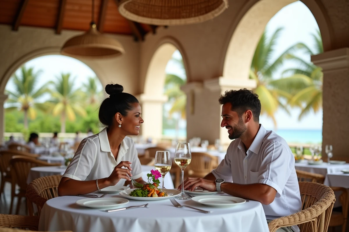 Restaurant gastronomique d'un hôtel 5 étoiles en Guadeloupe avec couple dégustant une cuisine créole raffinée