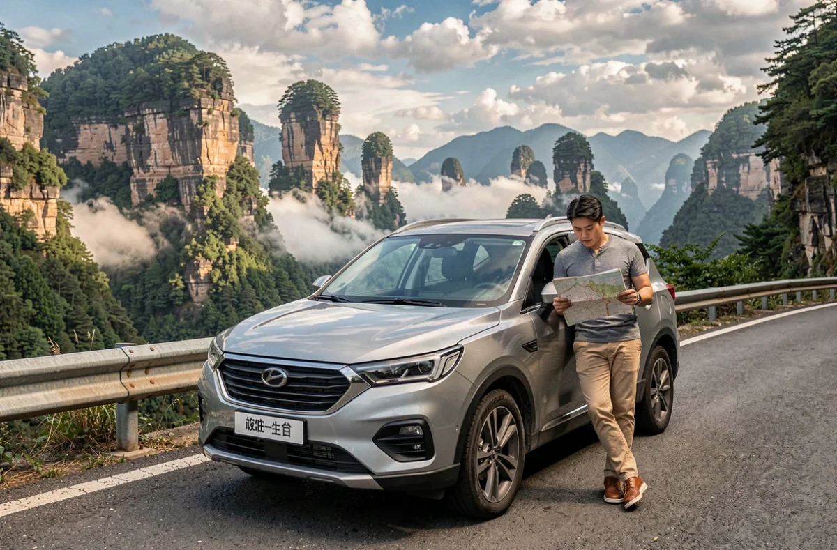 Voyageur consultant une carte routière appuyé sur un SUV sur une route de montagne sinueuse du Hunan, avec les piliers de grès de Zhangjiajie en arrière-plan
