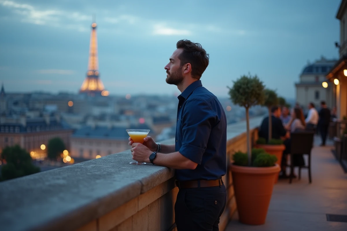 Homme en terrasse sur un rooftop bar parisien tenant un cocktail, vue sur les toits haussmanniens au crépuscule