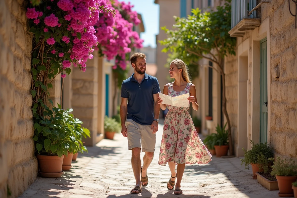 Couple se promenant dans une ruelle pavée et fleurie du village de Cassis avec une carte à la main