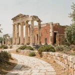 Ruines du palais minoen de Cnossos en Crète, colonnes de pierre ocre et végétation méditerranéenne sauvage