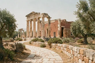Ruines du palais minoen de Cnossos en Crète, colonnes de pierre ocre et végétation méditerranéenne sauvage