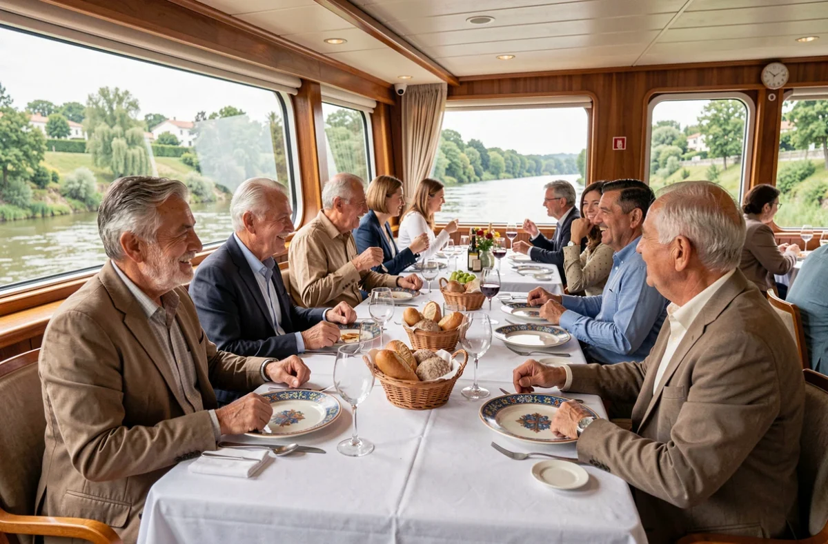 Salle à manger d'un bateau de croisière fluviale espagnol avec passagers attablés et vue sur la rivière