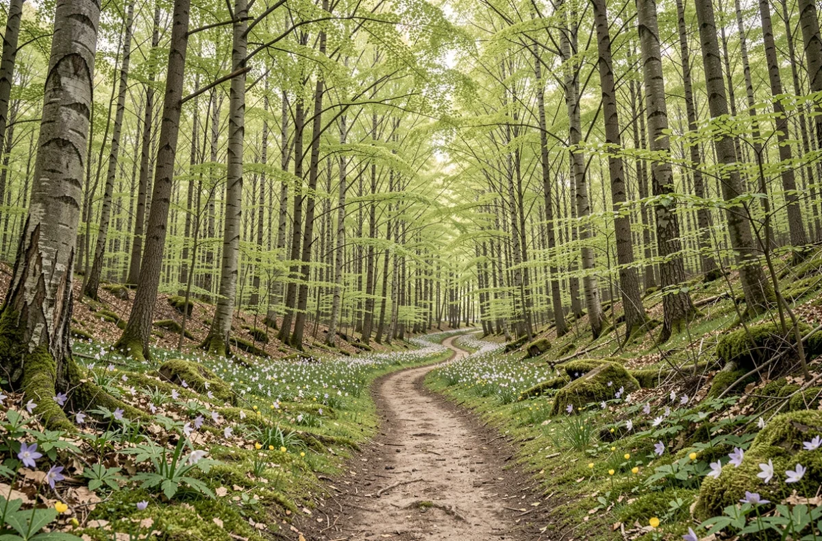 Sentier forestier sinueux bordé de fleurs sauvages près d'Oberammergau en Bavière au printemps