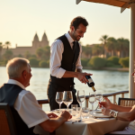 Serveur égyptien verse du vin à un couple sur un bateau Nile
