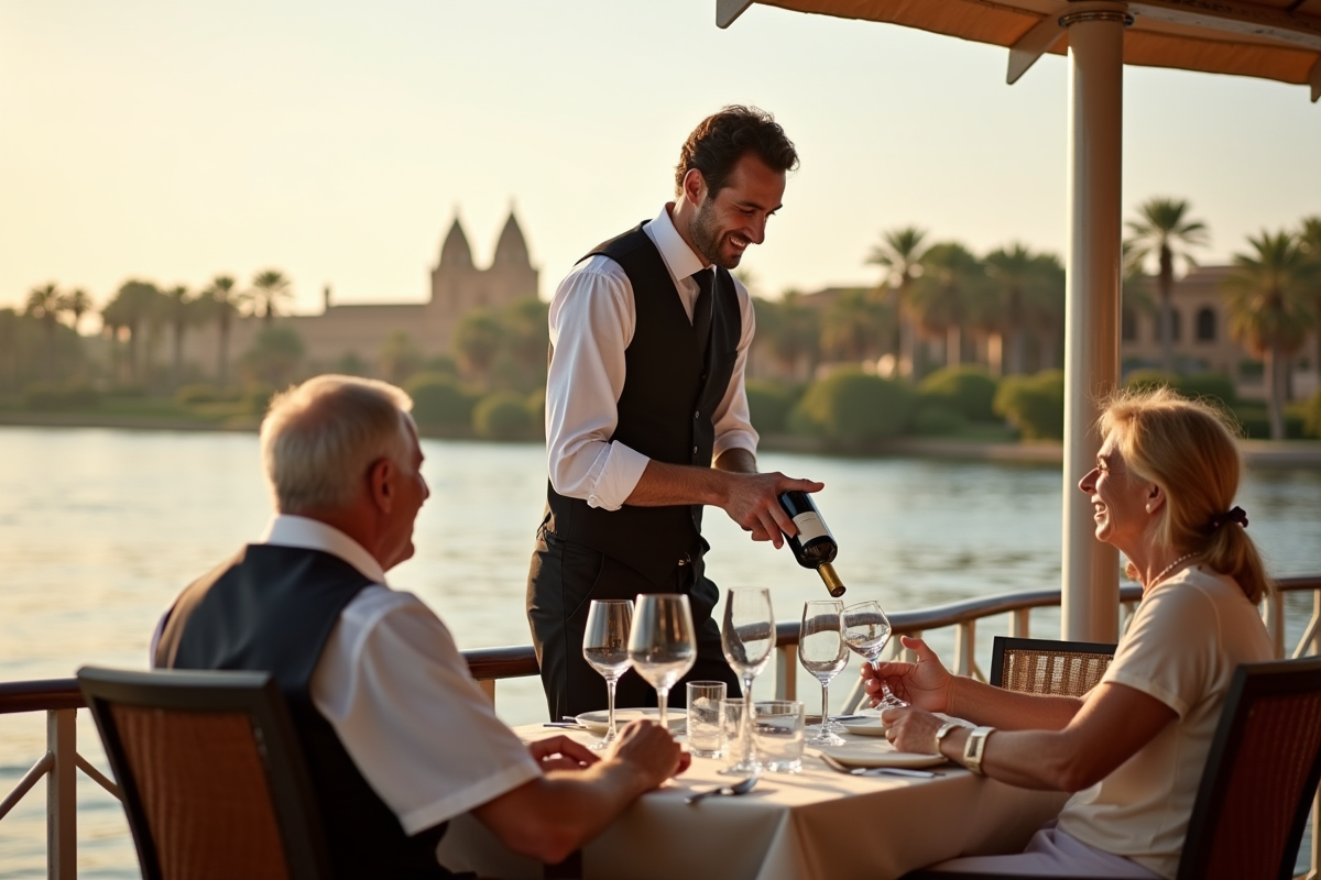 Serveur égyptien verse du vin à un couple sur un bateau Nile