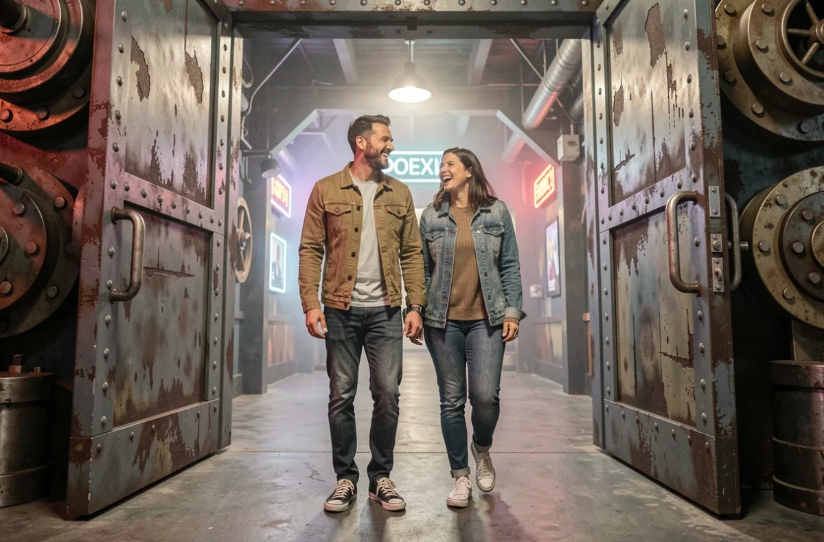 Couple riant à la sortie d'une attraction immersive au Parc Walt Disney Studios