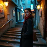 Femme élégante à l'entrée d'un bar de jazz souterrain parisien, escalier en pierre et affiches de concerts sur murs en briques