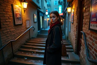 Femme élégante à l'entrée d'un bar de jazz souterrain parisien, escalier en pierre et affiches de concerts sur murs en briques