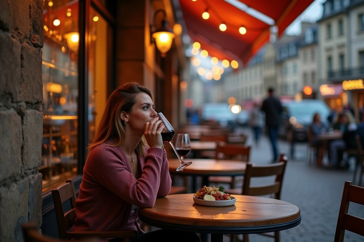 Femme dégustant un verre de vin de Bourgogne en terrasse d'un bar à vins de Dijon le soir