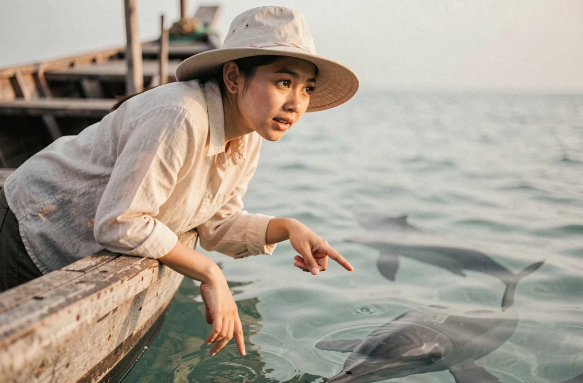 Jeune femme balinaise sur un bateau traditionnel observant des dauphins sous la surface de l'eau à Lovina Beach, Bali