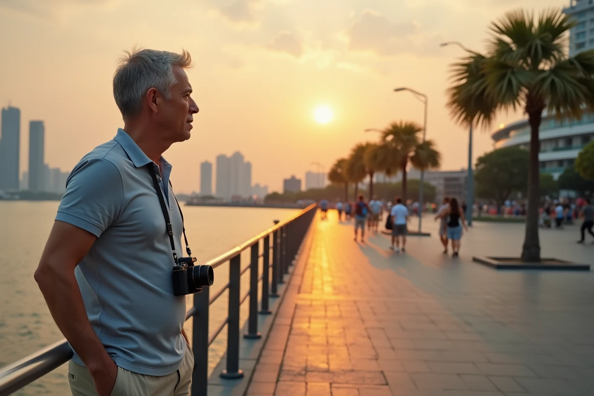 Touriste français regardant la skyline de Manila au coucher du soleil