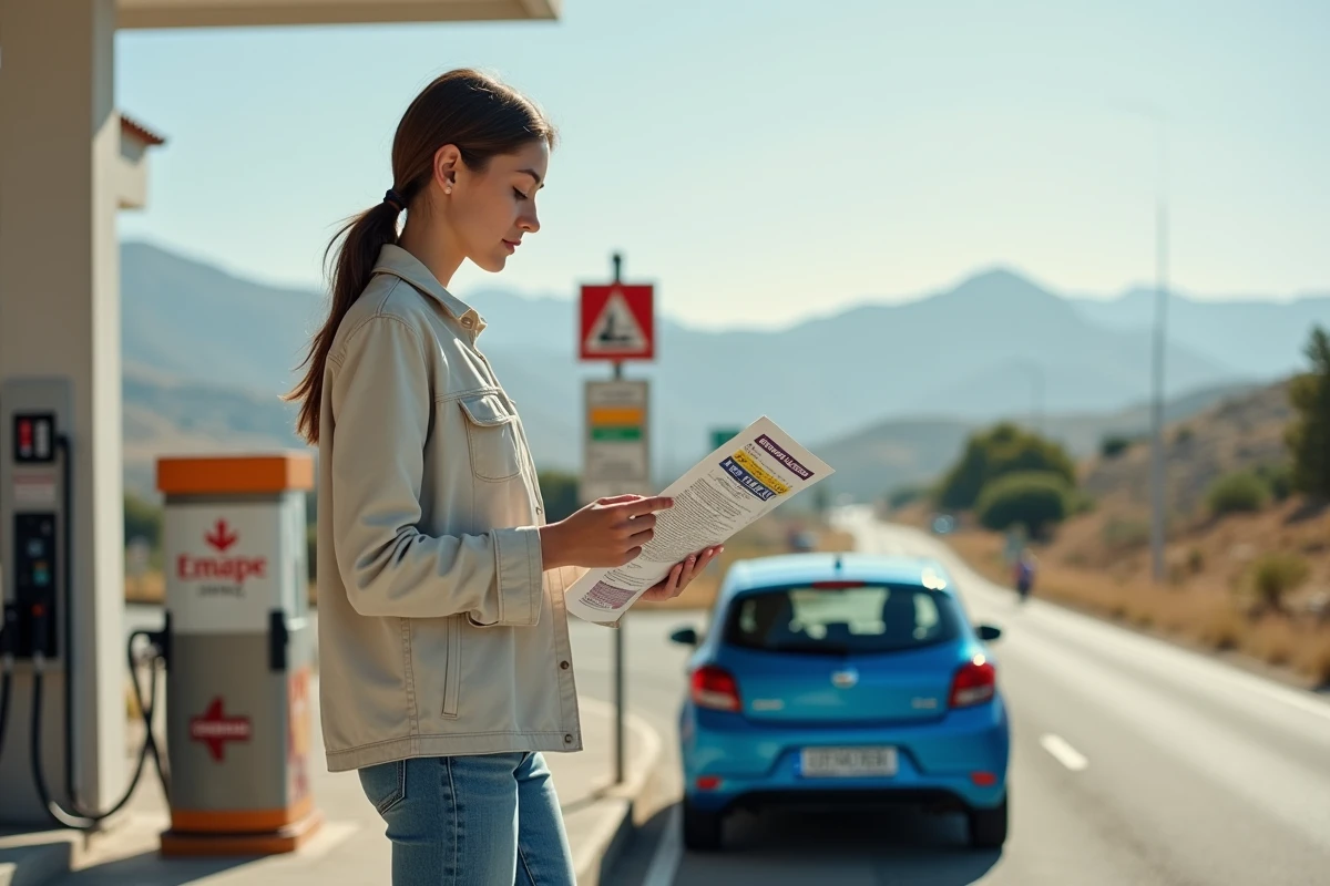 Jeune touriste française consultant un guide sur les péages d'autoroute en Espagne dans une aire de service