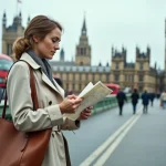 Touriste consultant une carte sur le pont de Westminster avec Big Ben et le Parlement en arrière-plan à Londres