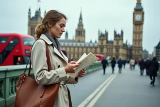 Touriste consultant une carte sur le pont de Westminster avec Big Ben et le Parlement en arrière-plan à Londres
