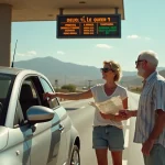Couple de touristes français confus devant un péage d'autoroute espagnole avec une voiture de location
