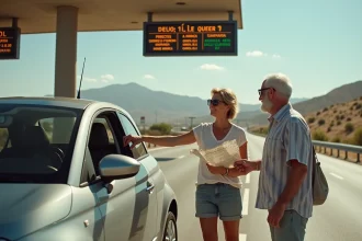Couple de touristes français confus devant un péage d'autoroute espagnole avec une voiture de location