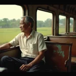 Voyageur cambodgien en train regardant par la fenêtre les rizières et villages ruraux du Cambodge