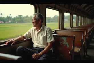 Voyageur cambodgien en train regardant par la fenêtre les rizières et villages ruraux du Cambodge