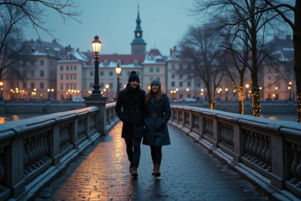 Couple traversant le Triple Pont de Ljubljana en soirée d'hiver, reflets dorés sur la Ljubljanica et vieille ville enneigée