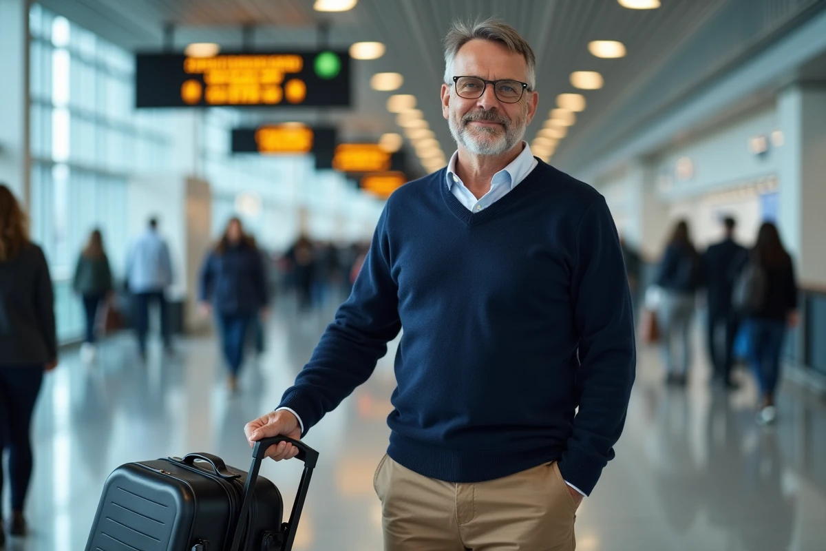 Homme plaçant une valise cabine dans le compartiment supérieur d'un avion en aéroport