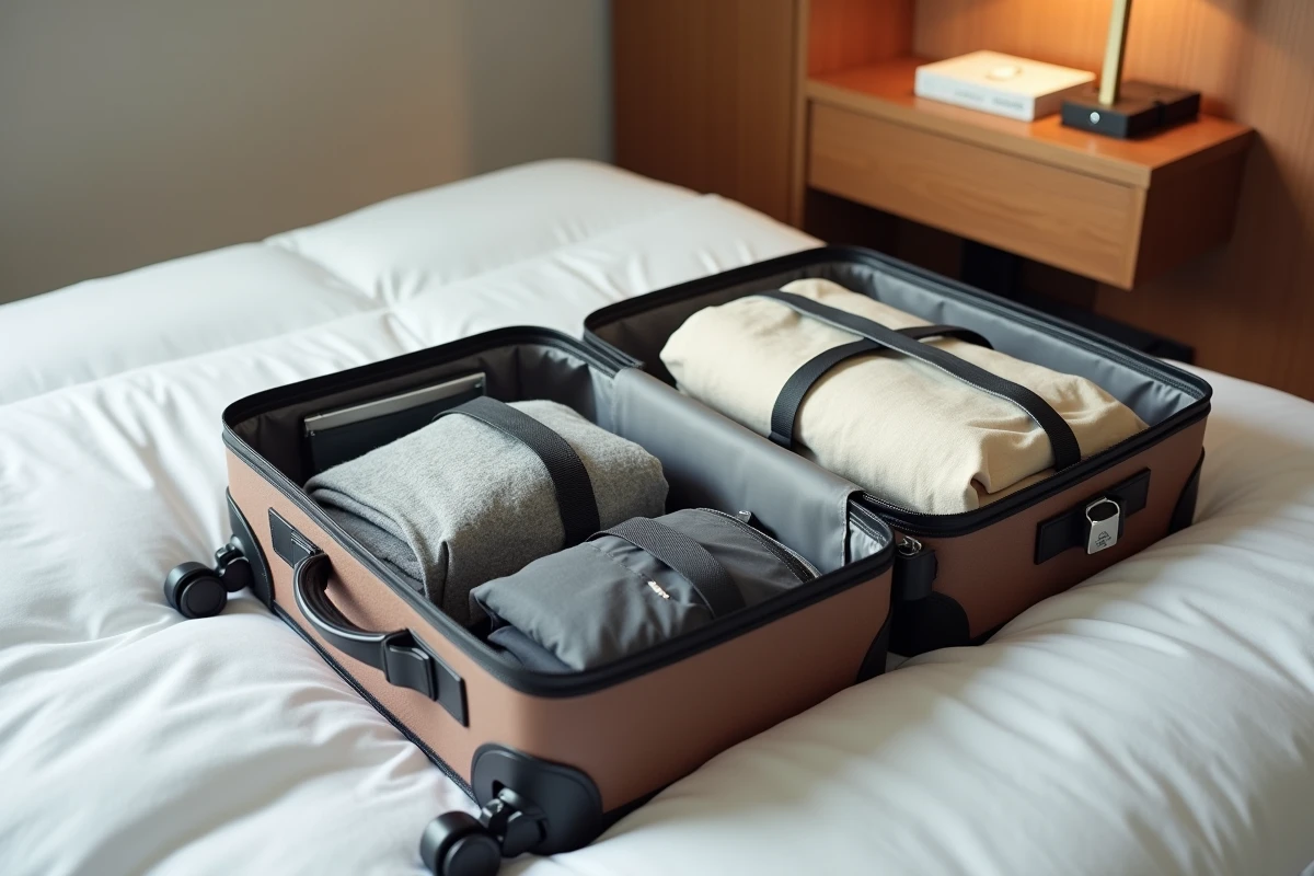 Valise cabine ouverte et organisée posée sur un lit d'hôtel avec vêtements et accessoires de voyage