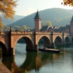 Le Vieux Pont de Heidelberg en pierre enjambant le Neckar avec les ruines du château en arrière-plan en automne