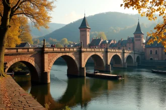 Le Vieux Pont de Heidelberg en pierre enjambant le Neckar avec les ruines du château en arrière-plan en automne