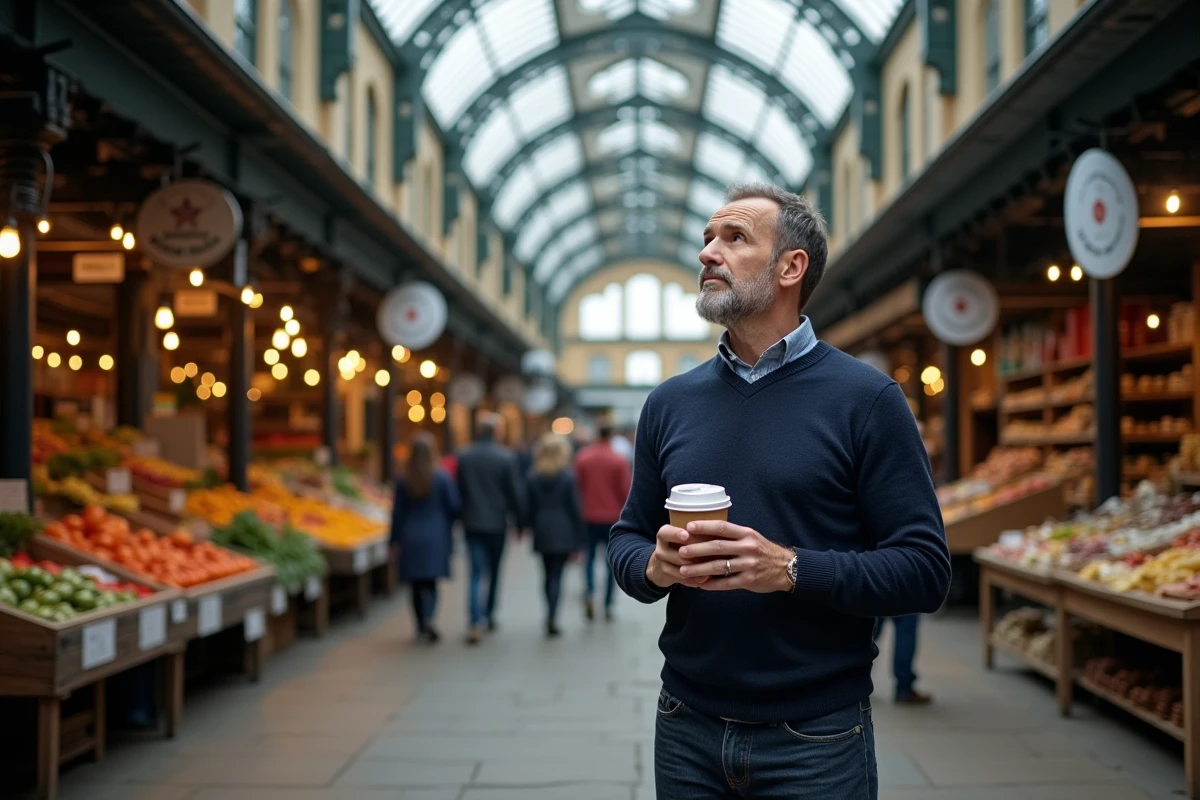 Homme en visite au Borough Market de Londres admirant l'architecture historique en fonte et les étals de produits frais