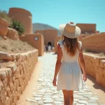 Femme en robe blanche se promenant sur le site archéologique d'Akrotiri à Santorin, ruines volcaniques en arrière-plan