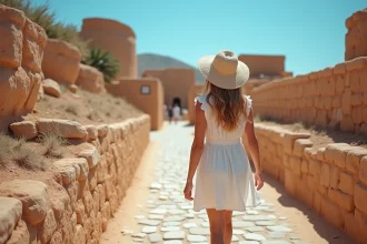 Femme en robe blanche se promenant sur le site archéologique d'Akrotiri à Santorin, ruines volcaniques en arrière-plan