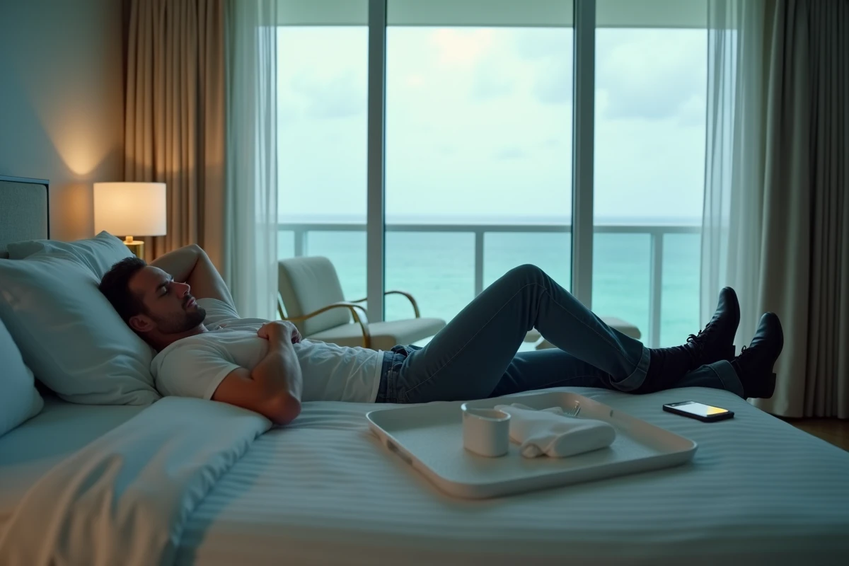 Voyageur épuisé allongé habillé sur un lit d'hôtel à Miami en plein après-midi à cause du décalage horaire