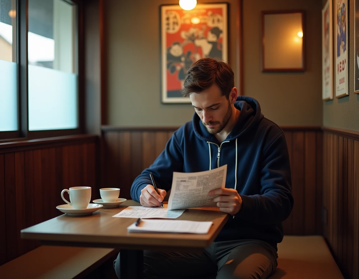 Voyageur français consultant une carte dans un café traditionnel kissaten au Japon