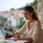 Femme consultant un blog de voyage méditerranéen sur une tablette dans un café en bord de mer