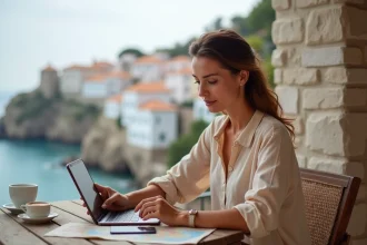 Femme consultant un blog de voyage méditerranéen sur une tablette dans un café en bord de mer