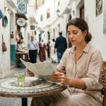 Voyageuse consulte une carte dans un café de la médina de Tanger pour éviter les pièges touristiques