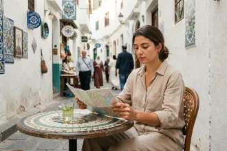 Voyageuse consulte une carte dans un café de la médina de Tanger pour éviter les pièges touristiques