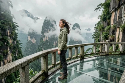 Voyageuse sur le skywalk de verre de la montagne Tianmen à Zhangjiajie, entourée de pics karstiques et de brume, lors d'un road trip au Hunan en Chine