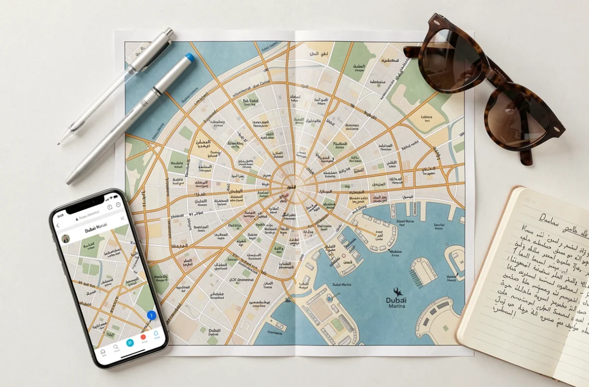 Vue aérienne d'une carte haute définition de Dubai posée à plat avec des accessoires de voyage