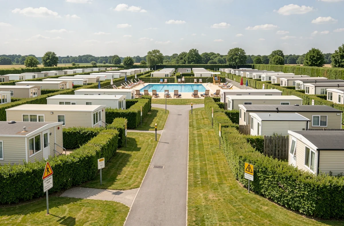 Vue panoramique d'un camping de grande chaîne avec espaces sécurisés, piscine et équipements de loisirs